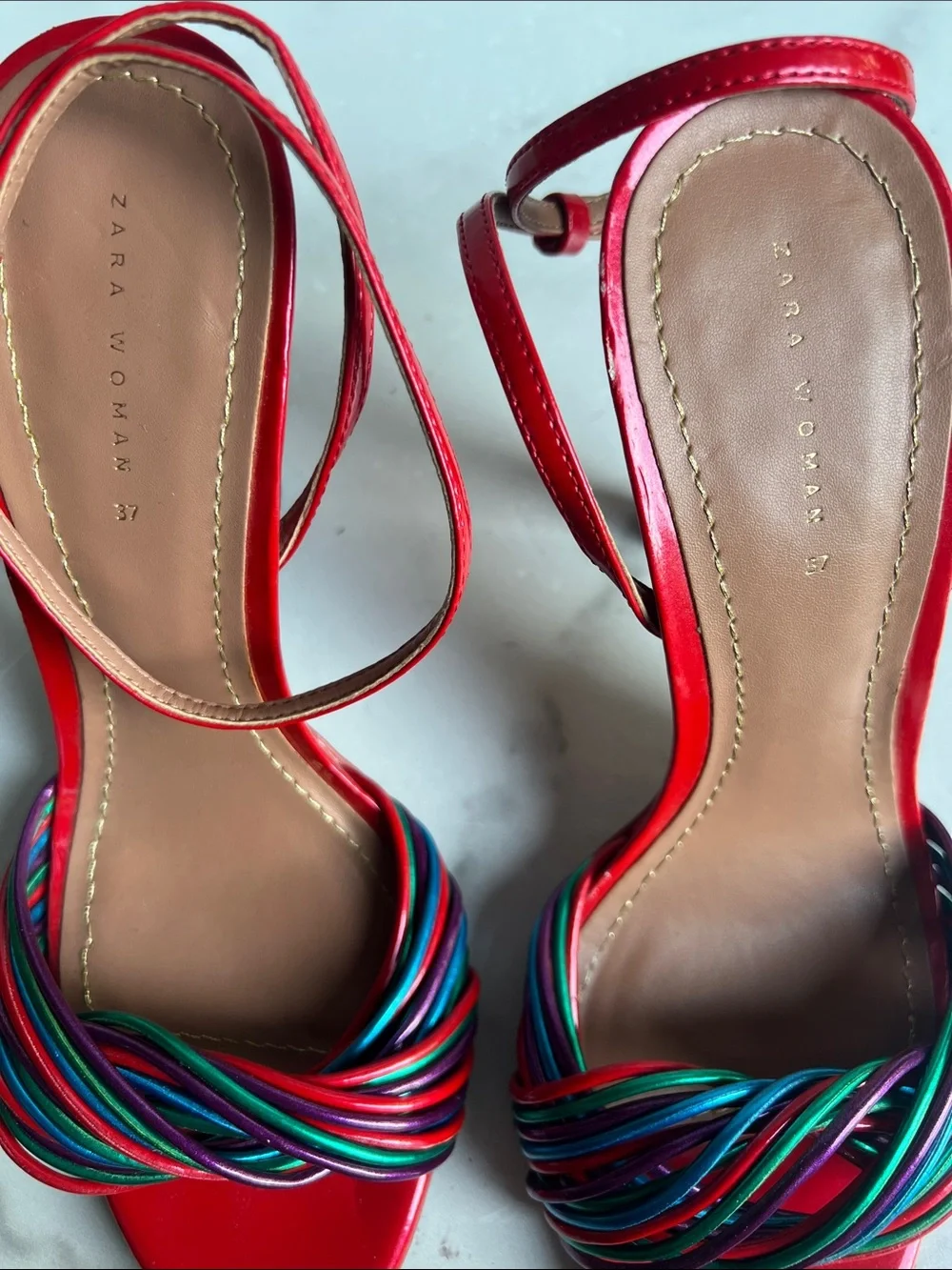 Zara Red High Heel Sandals with Multicolor Braided Straps size 37 fits size 6 - Picture 10 of 13